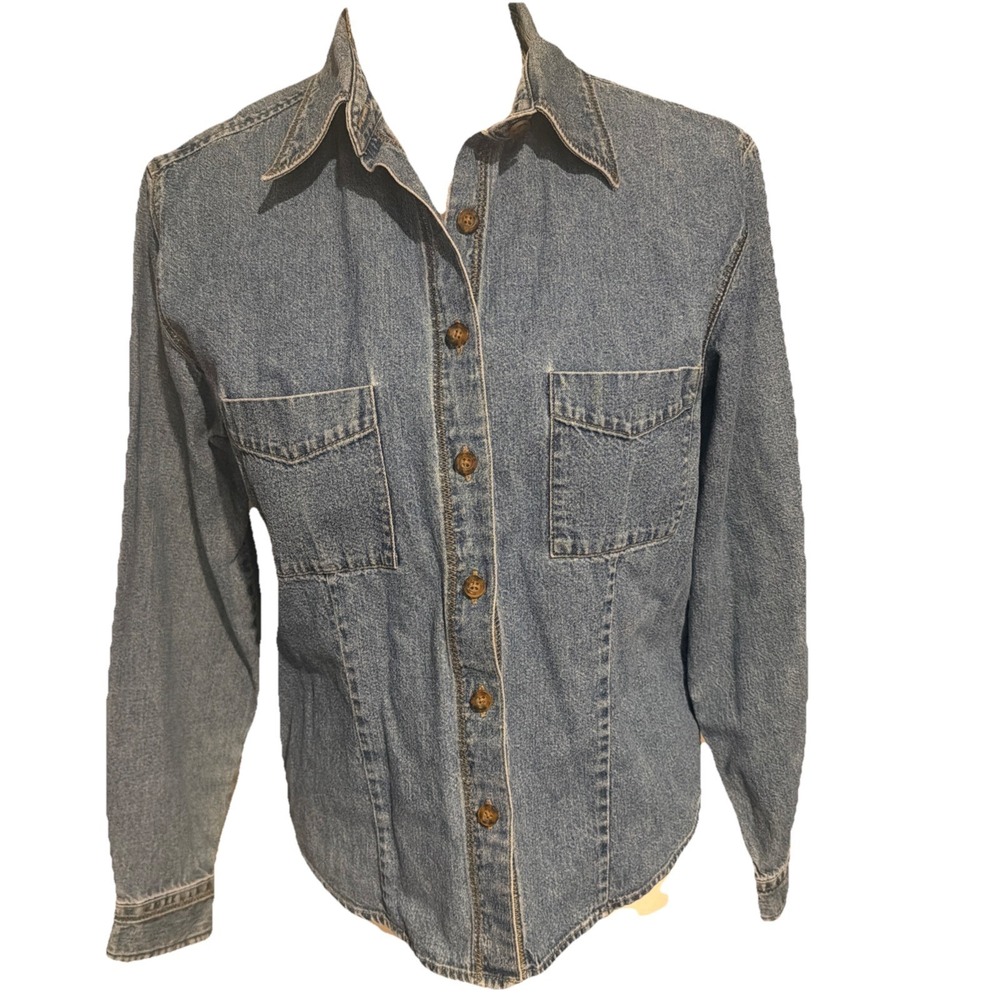 Woolrich Button Down Denim Cotton Long Sleeve Shirt Front Pockets Womens Medium